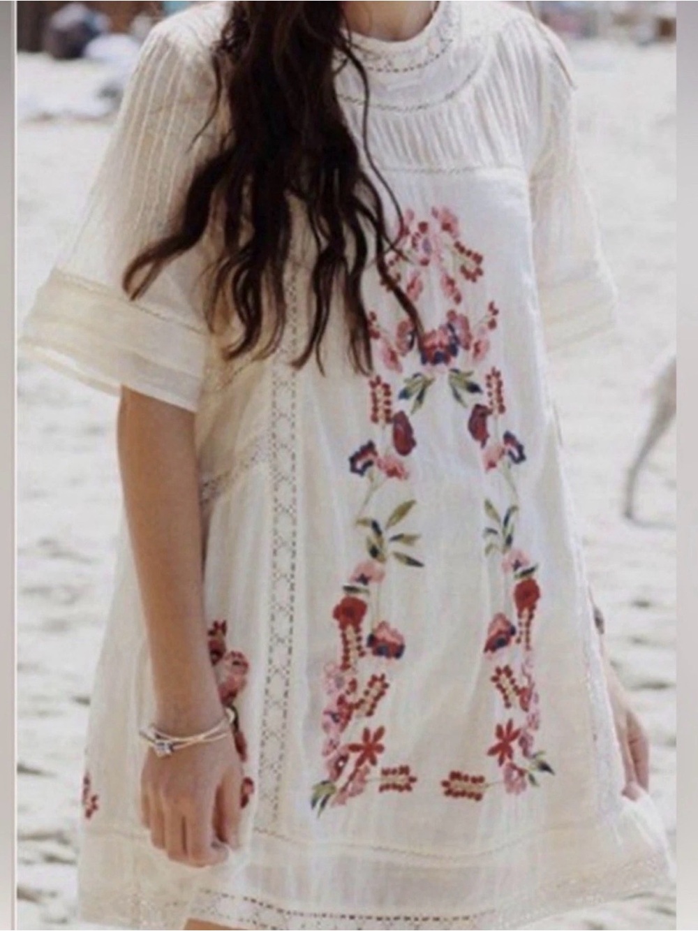 Free People Perfectly Victorian Mini  size XS Cream w/Pink Embroidery Like New